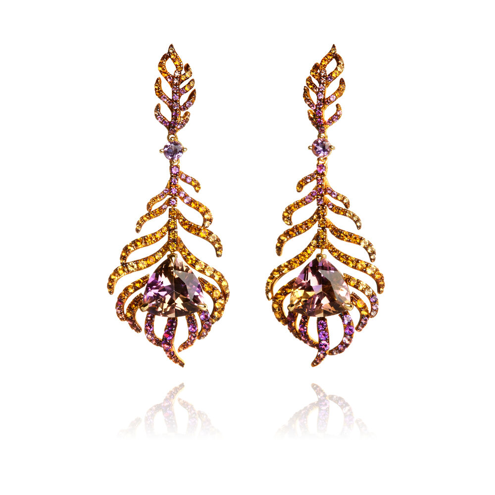 Unique Tsar Feather 18ct Gold Ametrine Earrings | Annoushka jewelley